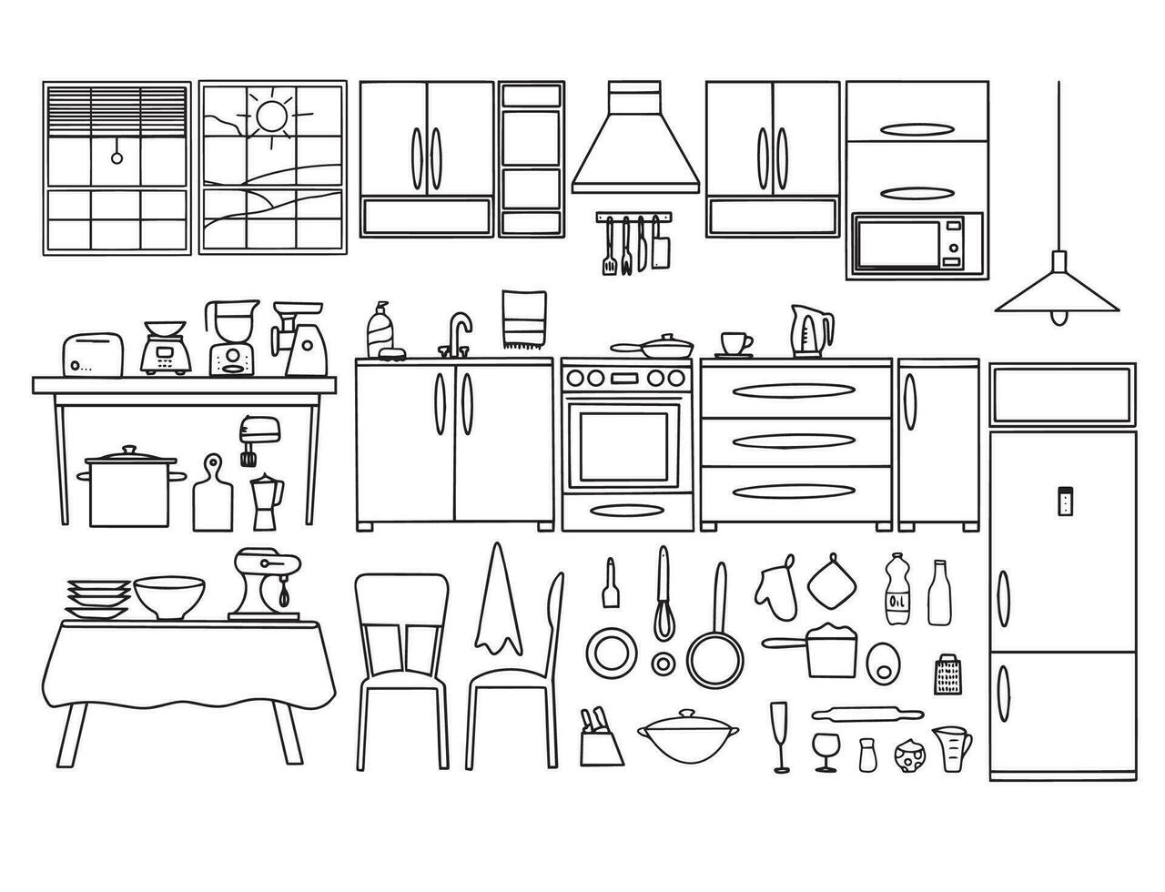 cuisine intérieur croquis main dessin de face voir. contour vecteur illustration cuisine meubles et équipement. vecteur