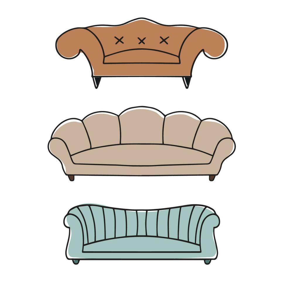 une grand ensemble de canapés. meubles pour le chambre et vivant chambre. vecteur dans dessin animé style. pour des sites. moderne intérieur conception. vecteur illustration