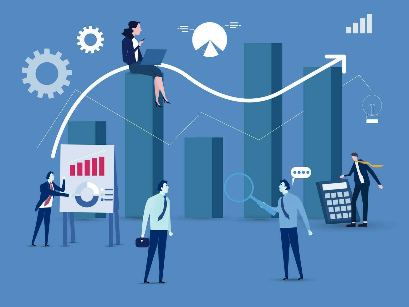 science statistiques.small personnages toucher écran et grand Colonnes projet la gestion une analyse Les données graphique.haut technologie La technologie solutions avec développement graphiques.cartoon gens vecteur illustration.