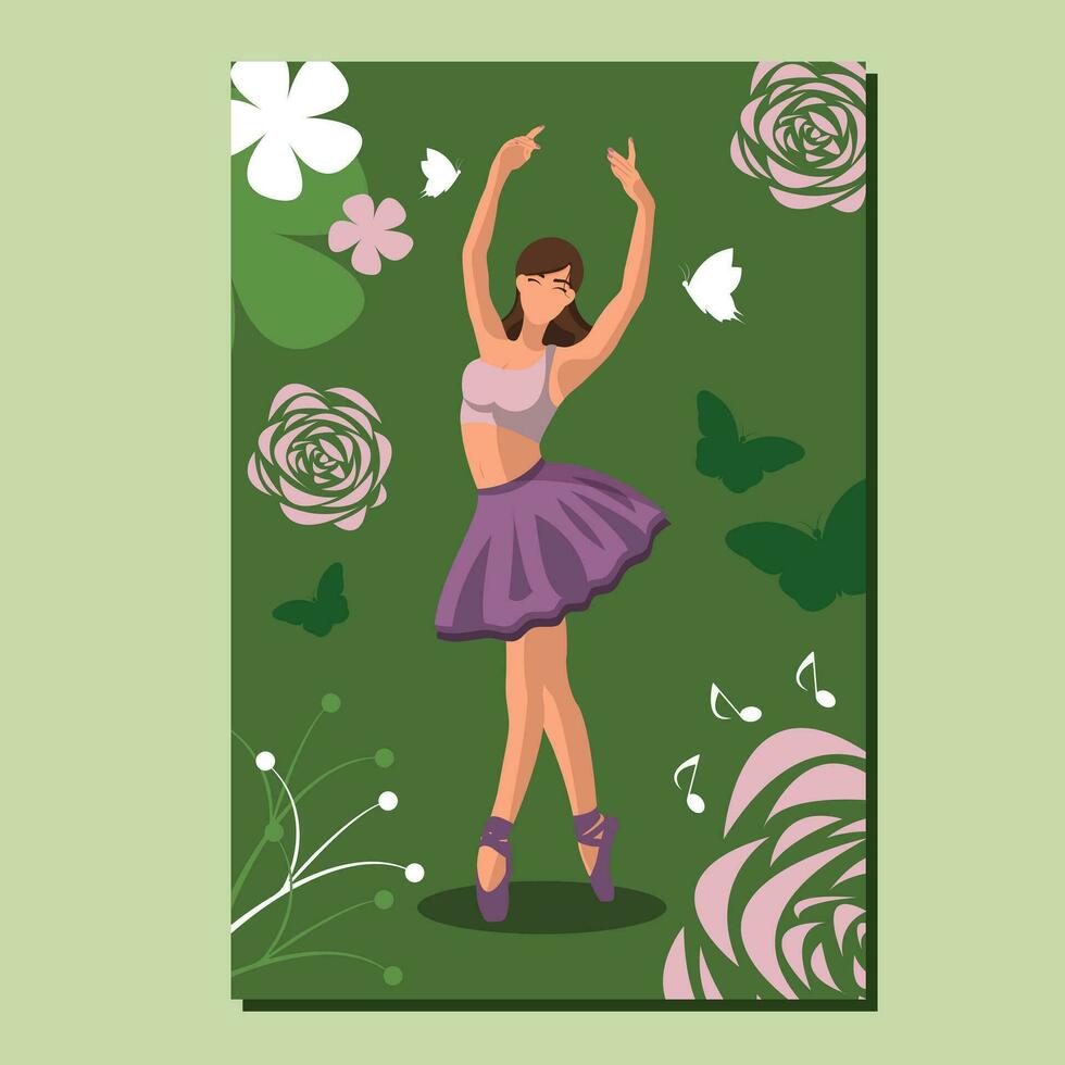 caucasien blanc sans visage ballet Danseur dans une violet tutu et pointe des chaussures dansant sur une vert affiche avec fleurs et papillons. vecteur illustration dans plat style
