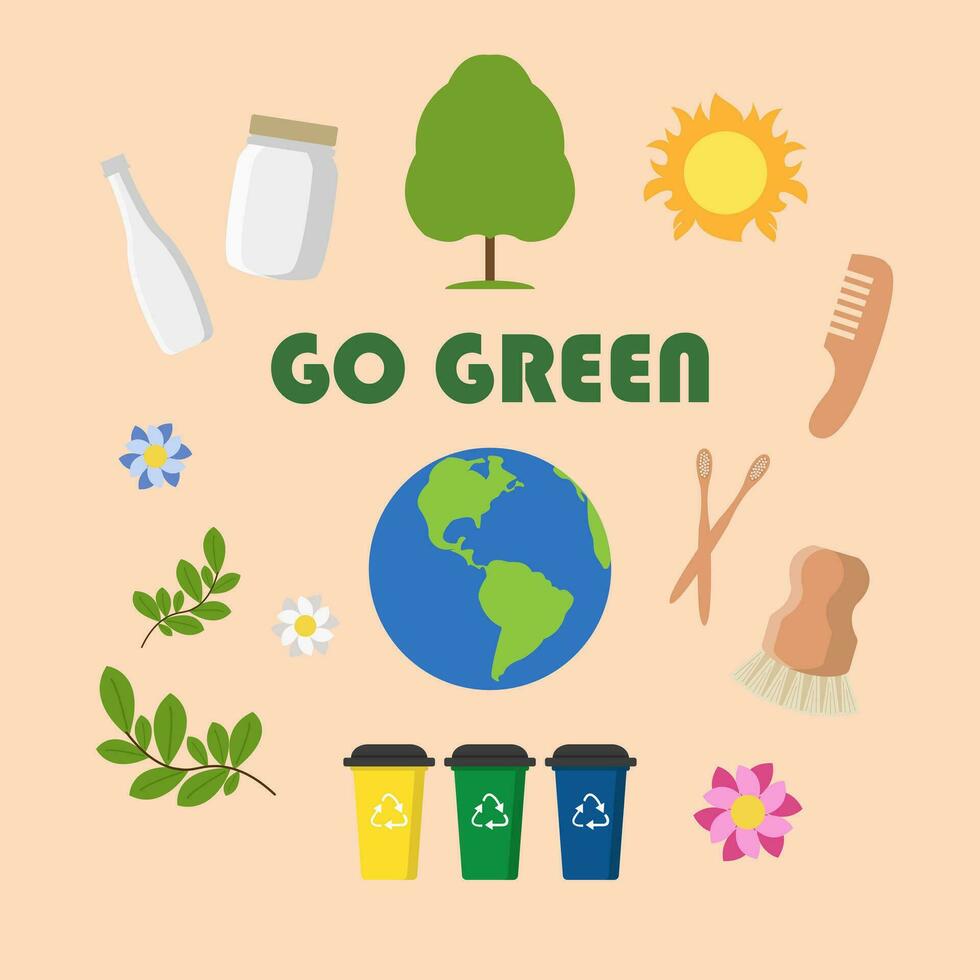 éco Icônes avec caractères aller vert. affiche, carte, étiqueter, et bannière conception écologie thème. vecteur illustration