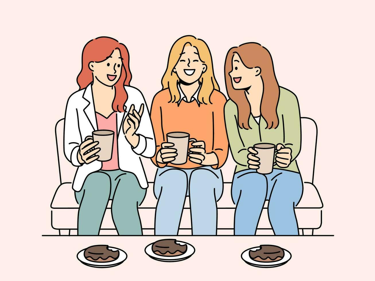 souriant les filles séance sur canapé en buvant thé en mangeant desserts profiter fin de semaine ensemble. content copines se détendre avec les boissons et des pâtisseries à maison. vecteur illustration.