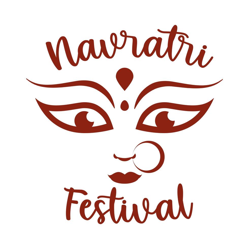 visage de la déesse durga dans l'icône de style silhouette lettrage heureux navratri vecteur