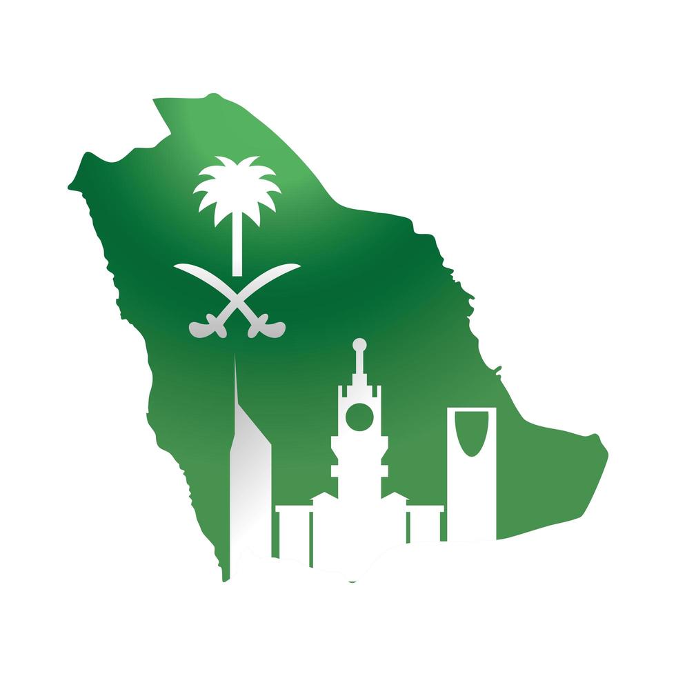 carte du drapeau vert de la fête nationale de l'arabie saoudite et icône de style dégradé de ville vecteur