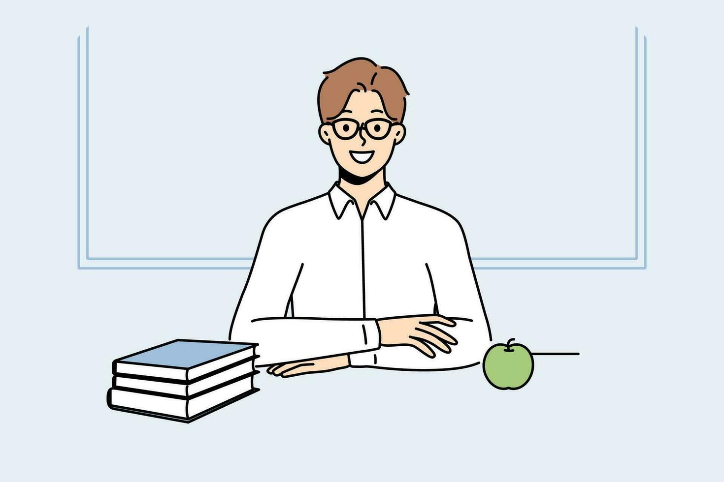 Masculin étudiant dans des lunettes asseoir à bureau avec livres. souriant homme avec manuels sur table dans Université ou collège. éducation et sagesse. vecteur illustration.