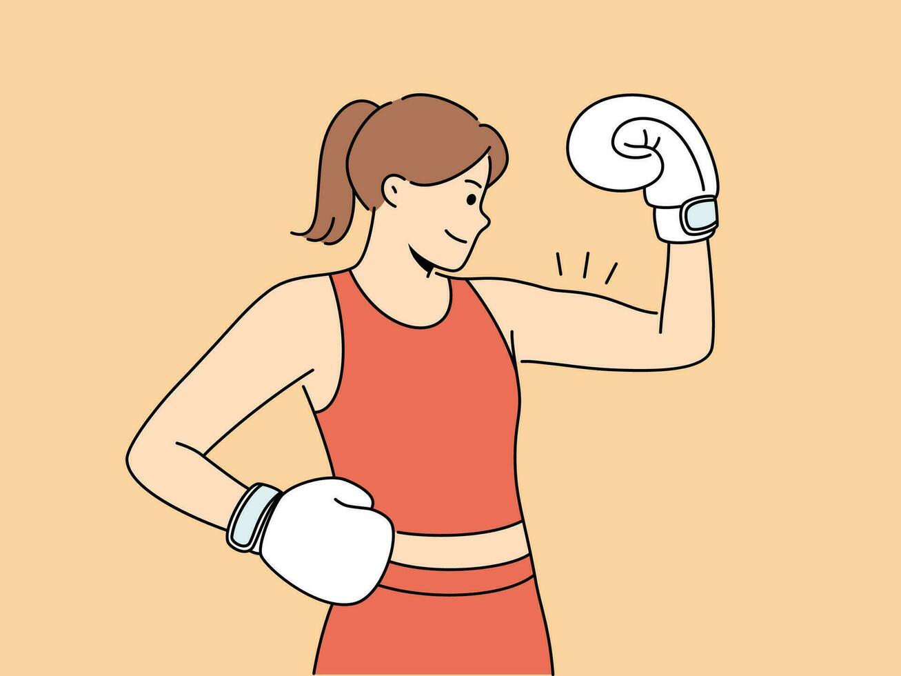 femme boxeur spectacles biceps et sourit démontrant force et détermination à défaite adversaire. fille boxeur dans boxe gants et tenue de sport pose à pesée la cérémonie avant important tournoi vecteur