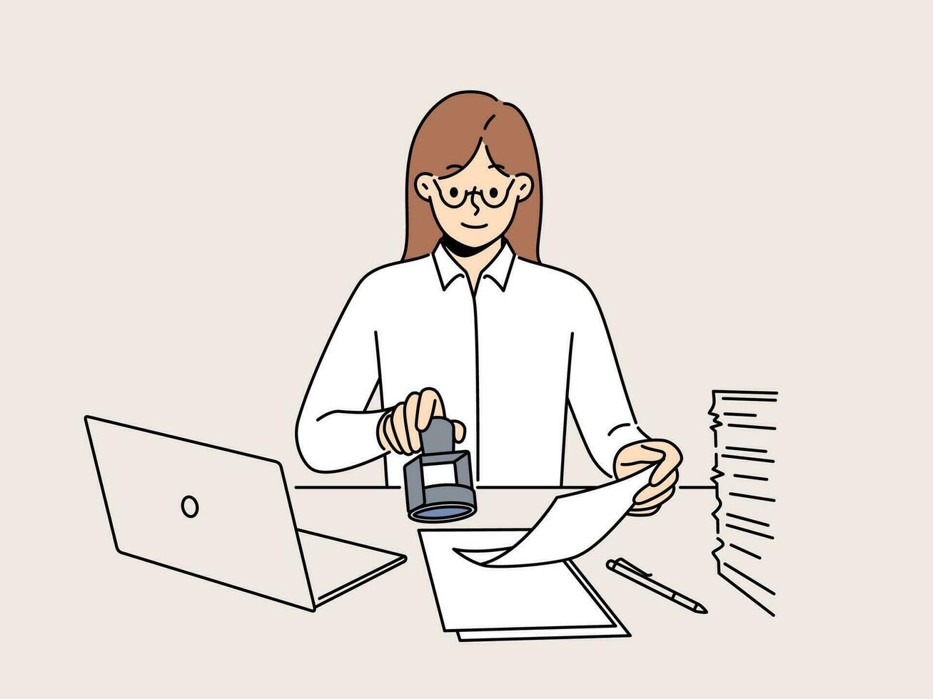 sur de soi femme d'affaires asseoir à bureau travail sur ordinateur timbre documents. souriant femelle employé signe formalités administratives dans bureau. secrétaire travail. vecteur illustration.