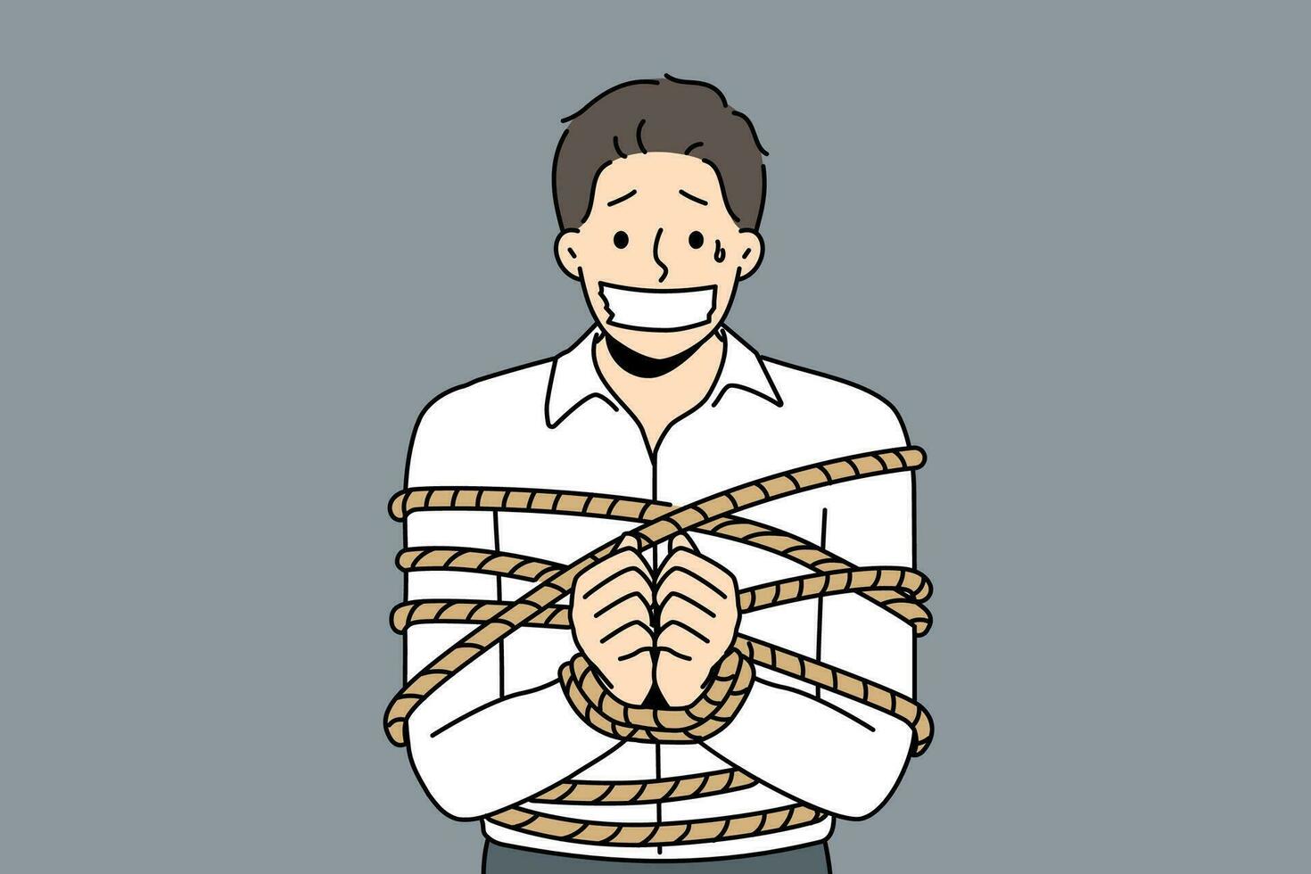 homme d'affaire lié dans Cordes avec scellé bouche. effrayé Masculin employé comme otage ou victime de enlèvement. vecteur illustration.