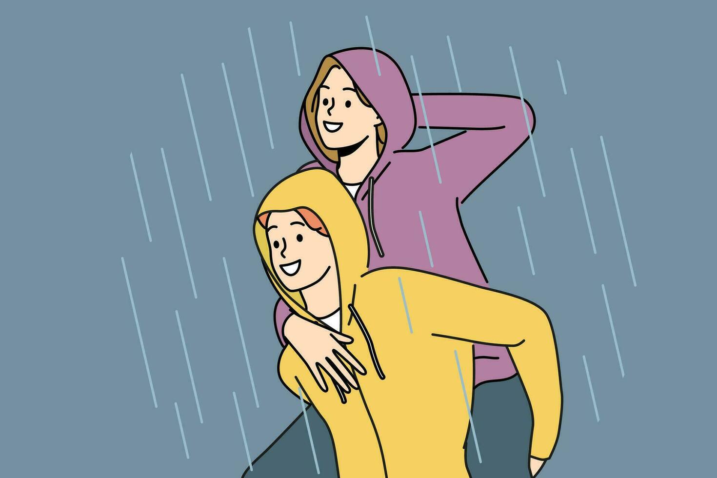 content couple des promenades dans pluie profiter averse après longue sécheresse et ne pas vouloir à aller maison. homme dans imperméable capuche Rouleaux en riant petite amie sur retour et jouit l'automne temps avec pluie vecteur