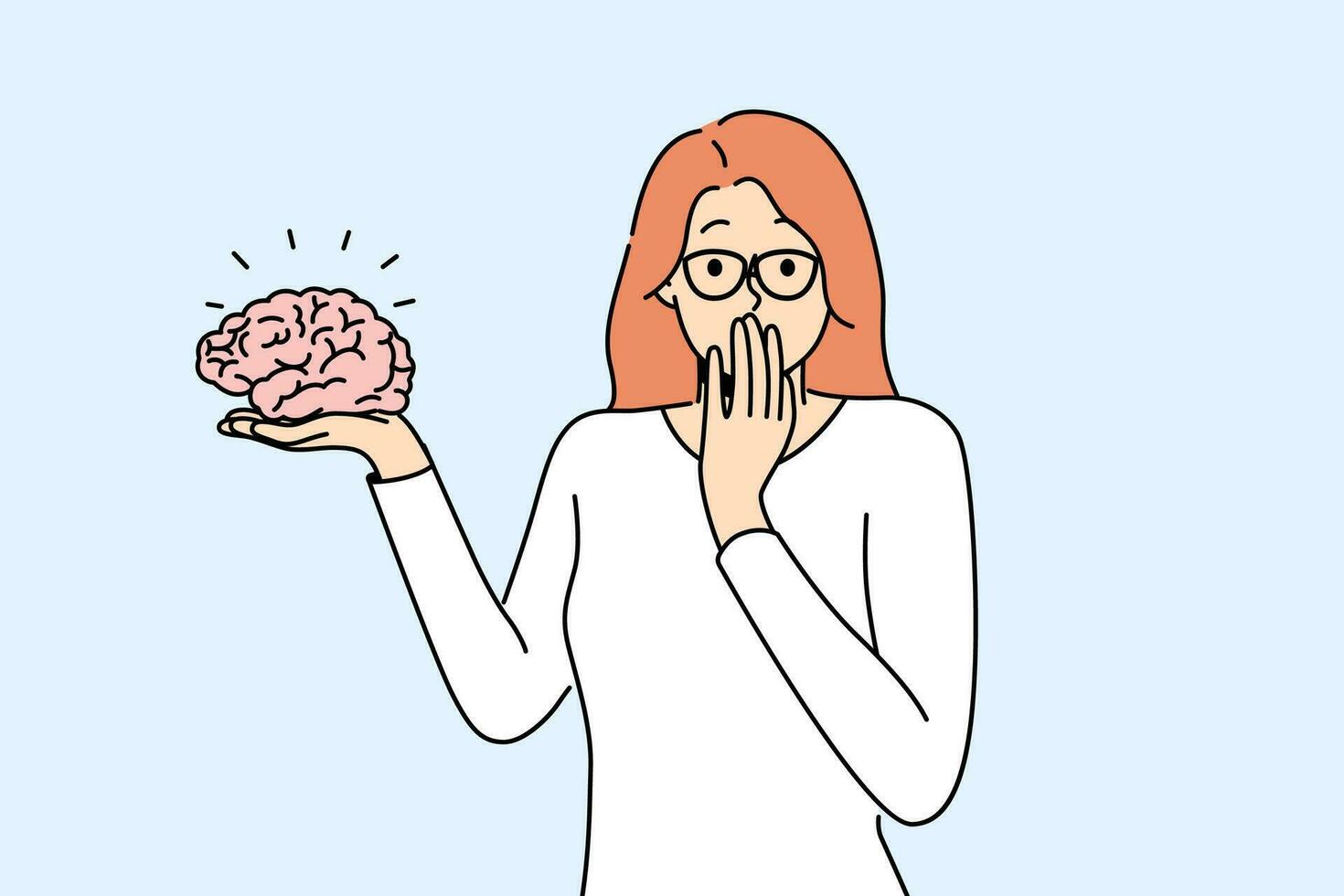 femme avec cerveau dans main regards à écran pour concept de psychologique thérapie et intellectuel développement. fille détient cerveau La publicité prestations de service de psychologue ou spécialiste dans médical neurologie vecteur