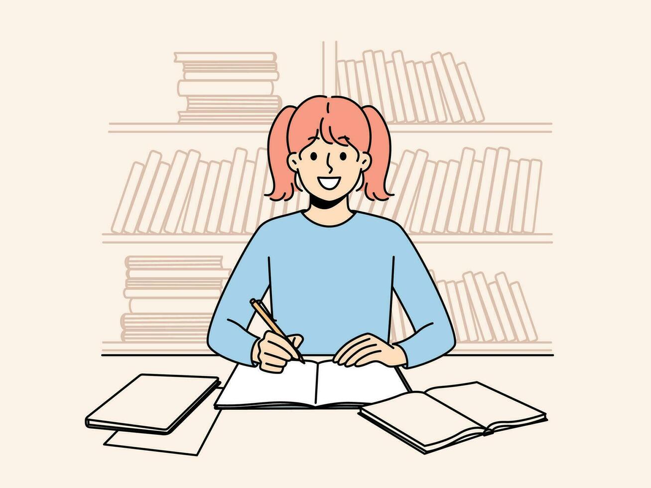 souriant intelligent peu fille asseoir à bureau à Accueil écriture dans exercice livre en train de préparer pour école. content écolière faire devoirs à tableau. étude et apprentissage. vecteur illustration.