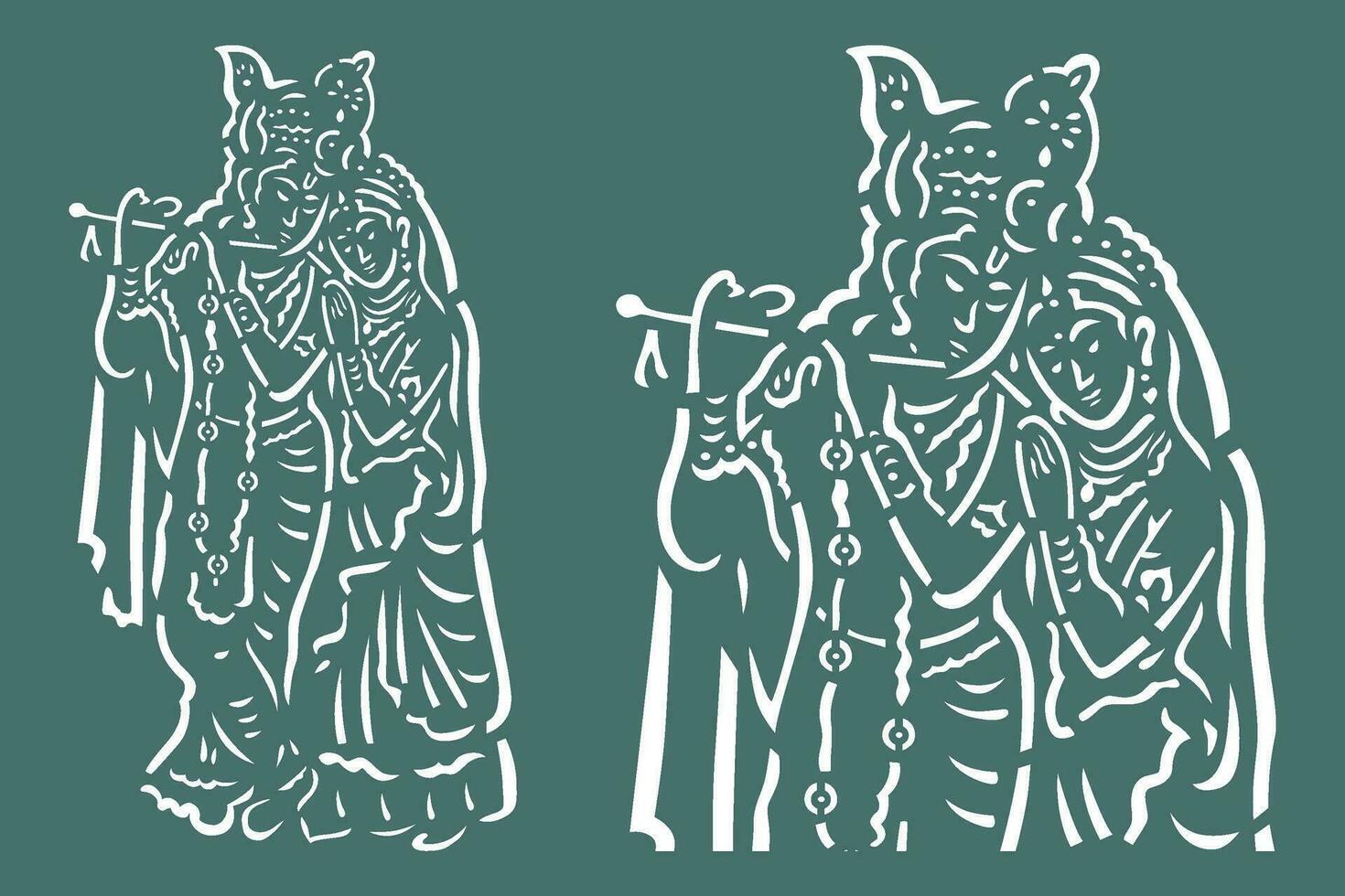Dieu krishna et le sien bien-aimée radha supporter doucement embrasser, avec une flûte dans leur mains. vecteur