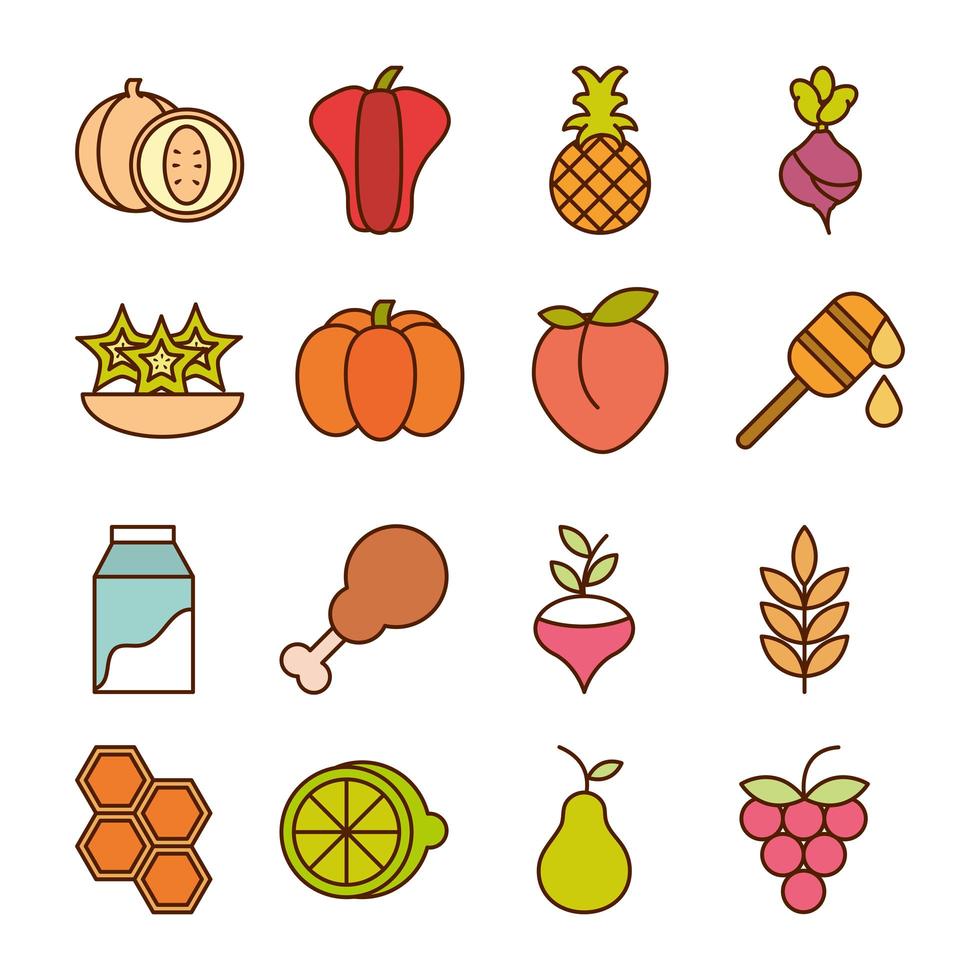 aliments sains fruits frais légumes et protéines ingrédients produits icônes définies ligne et icône de style de remplissage vecteur