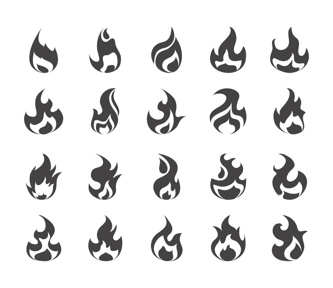 feu flamme brûlant lueur chaude jeu d'icônes design plat vecteur