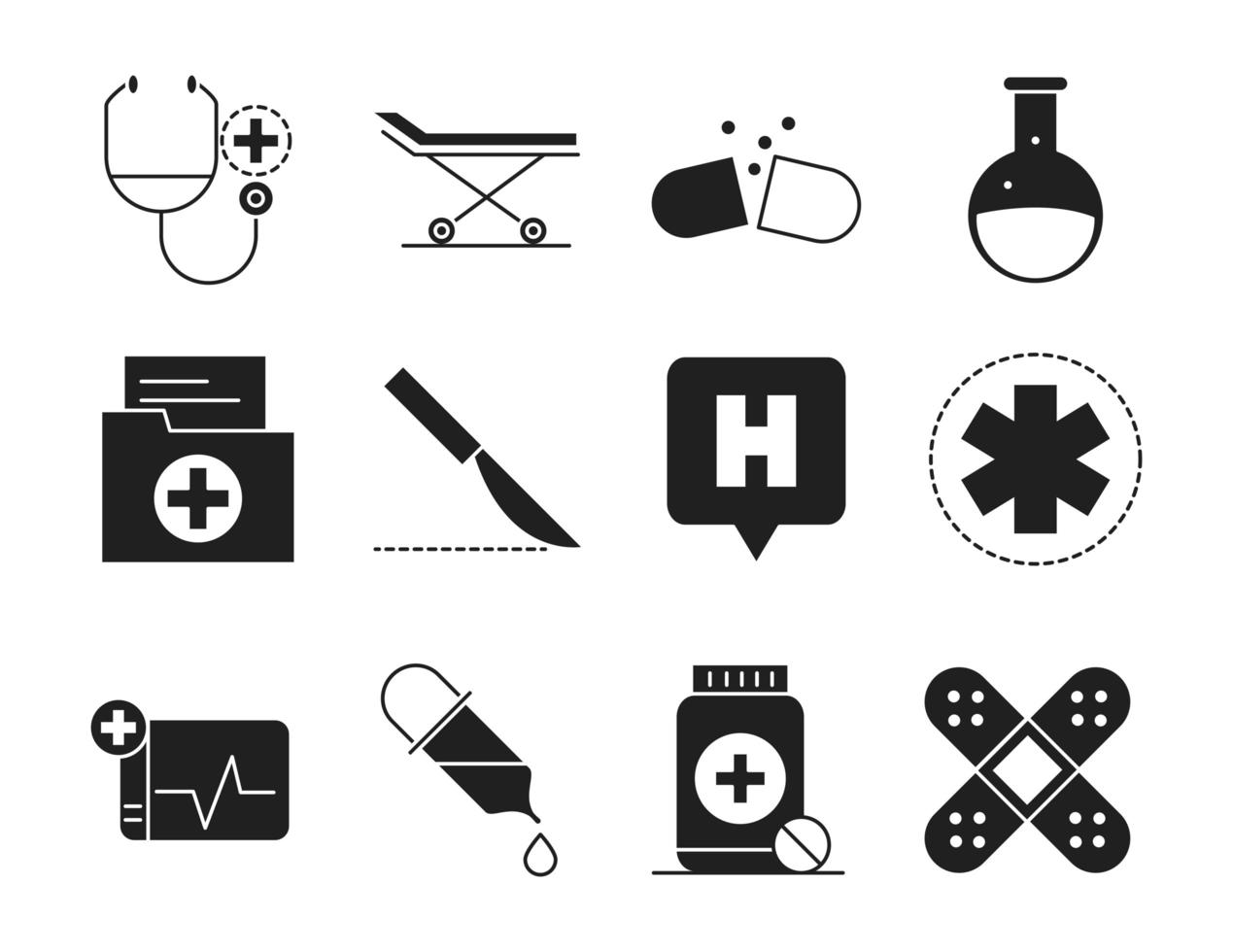 Ensemble d'icônes de style de silhouette pictogramme médical et hospitalier de la santé vecteur