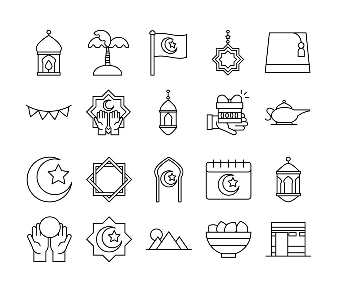 eid mubarak célébration religieuse islamique icônes traditionnelles définies style plat vecteur