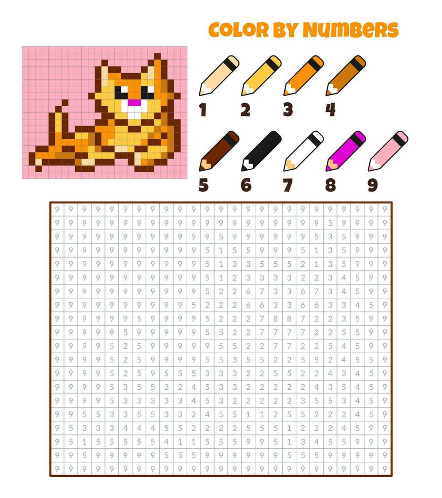 Couleur par Nombres. éducation Jeu pour les enfants. chat, félin, animaux domestiques, animal. coloration livre avec numéroté carrés. pixel art. graphique tâche pour enfants. vecteur