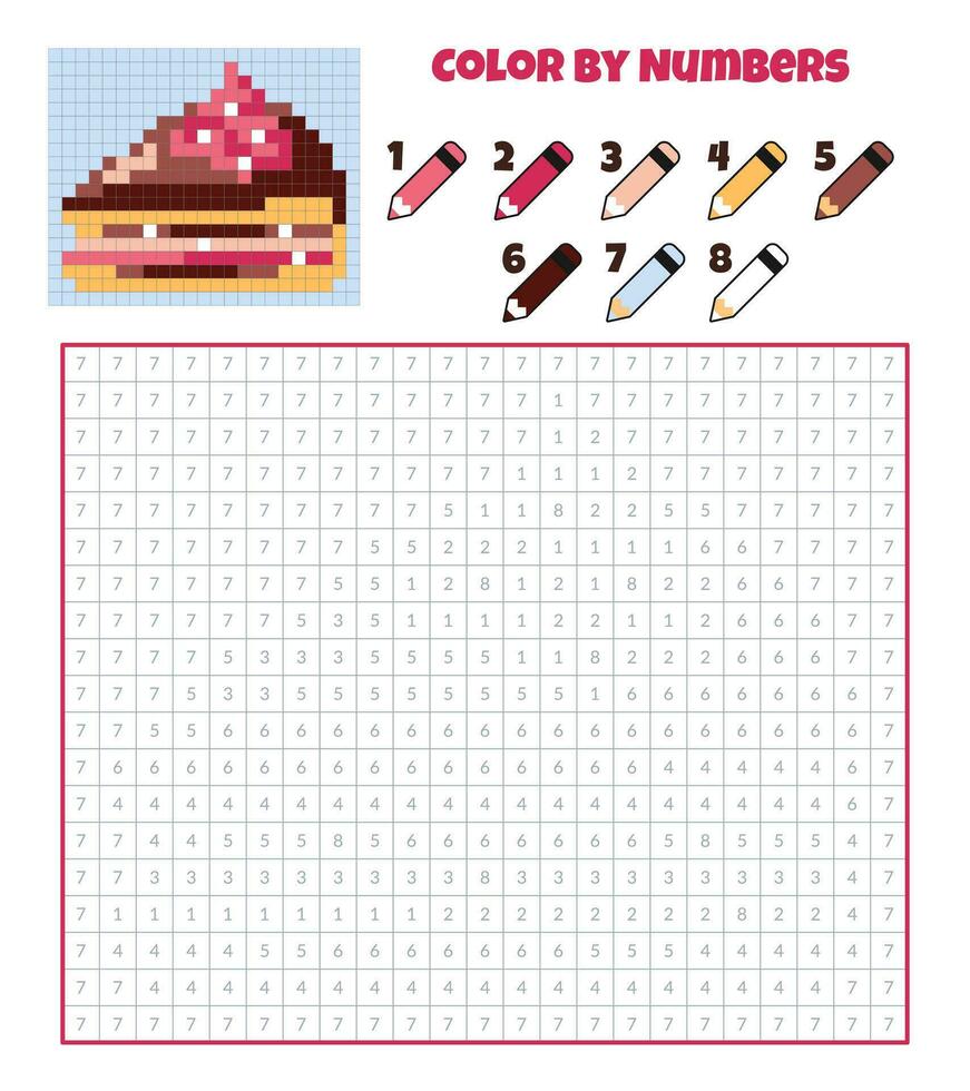 Couleur par Nombres. éducation Jeu pour les enfants. gâteau, tarte, bonbons, dessert. coloration livre avec numéroté carrés. pixel art. graphique tâche pour enfants. vecteur