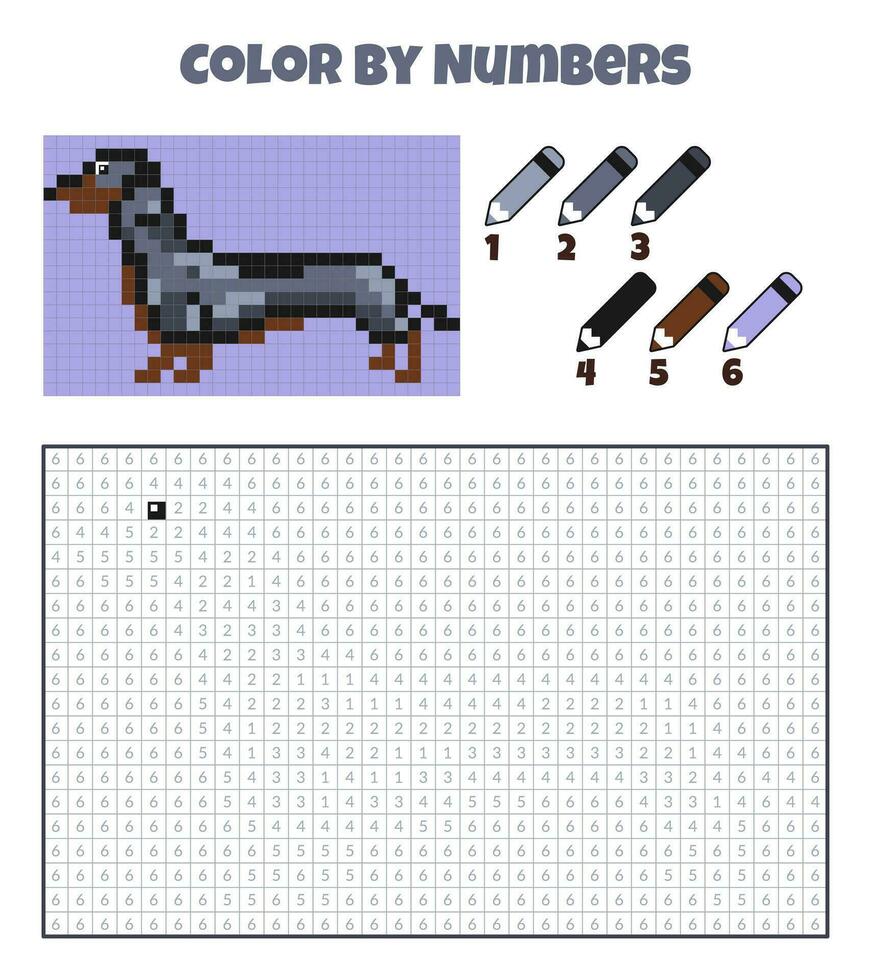 Couleur par Nombres. éducation Jeu pour les enfants. chien, teckel, animaux domestiques, animal. coloration livre avec numéroté carrés. pixel art. graphique tâche pour enfants. vecteur