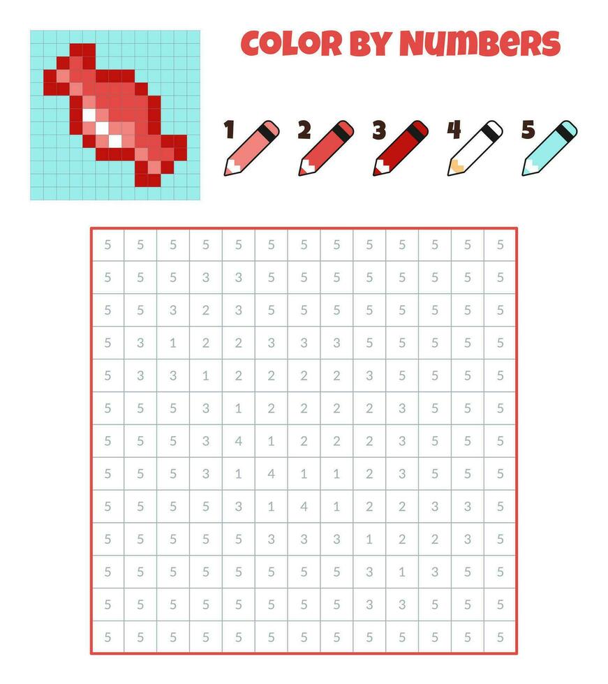 Couleur par Nombres. éducation Jeu pour les enfants. bonbons, des sucreries, bonbons, dessert. coloration livre avec numéroté carrés. pixel art. graphique tâche pour enfants. vecteur