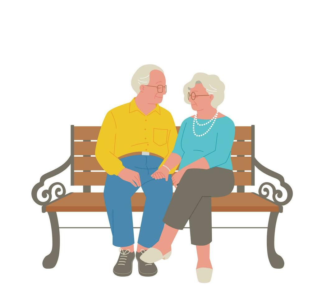 deux personnes âgées des couples sont séance sur une parc banc, en portant mains, à la recherche à chaque autre et souriant. main tiré des illustrations dans réaliste proportions. vecteur