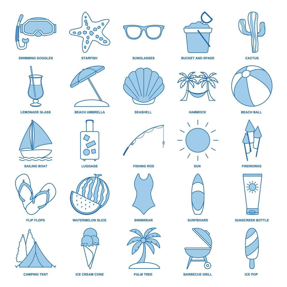 été icône ensemble, Voyage symboles collection, logo illustrations, plage Icônes, tourisme panneaux linéaire pictogrammes paquet isolé vecteur illustration