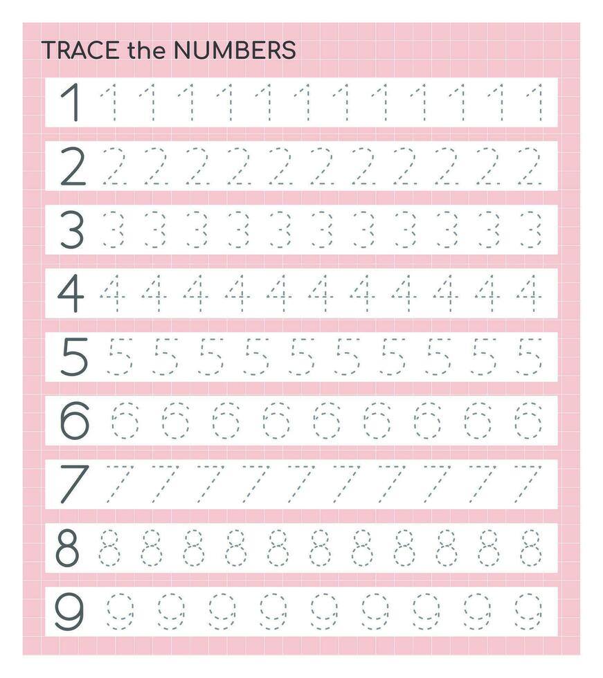 éducation Matériel avec Nombres de un à neuf. tracé nombre pour enfants. apprentissage à compter et écrire. apprentissage le Nombres. préscolaire activités, loisir Jeux, feuille de travail pour enfants. vecteur