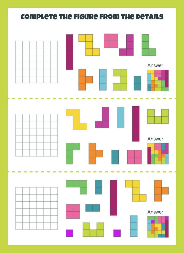 puzzle Jeu avec coloré détails pour les enfants. Achevée le carré, éducation Jeu pour des gamins avec blocs, feuille de travail activité, tâche pour le développement de logique pensée. vecteur illustration