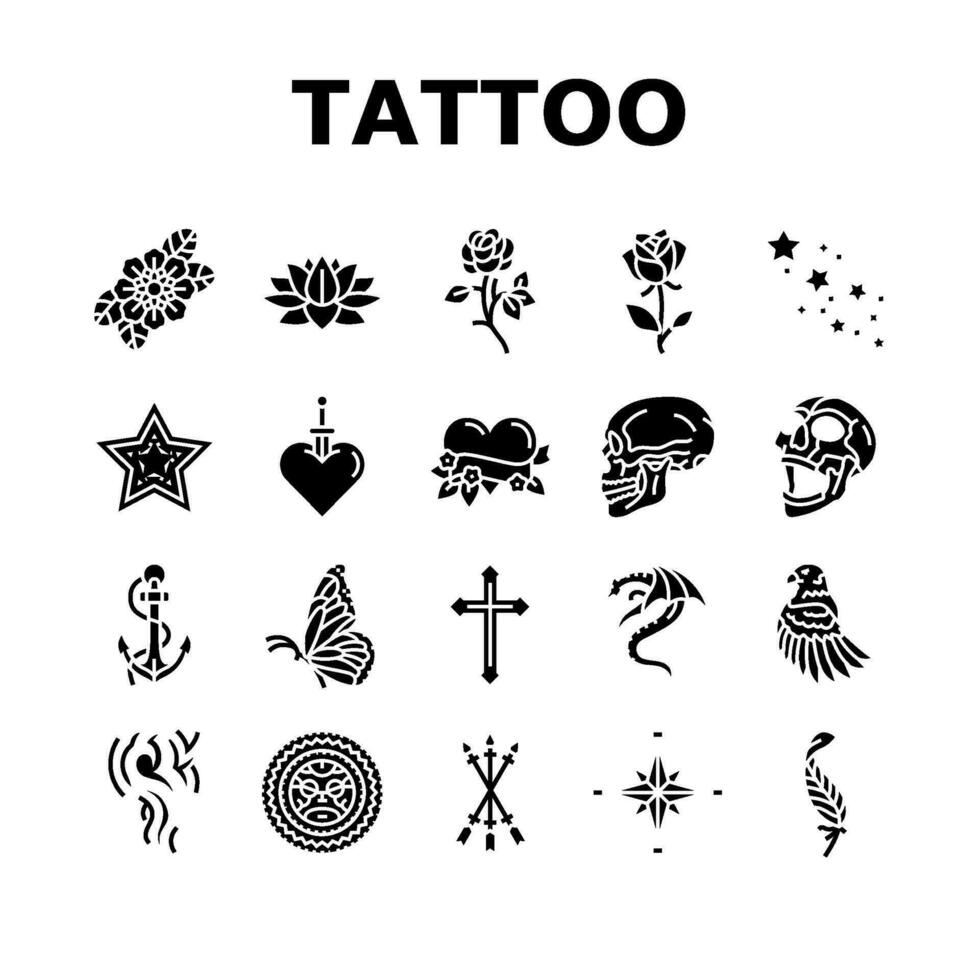 tatouage art Rose ancien style Icônes ensemble vecteur