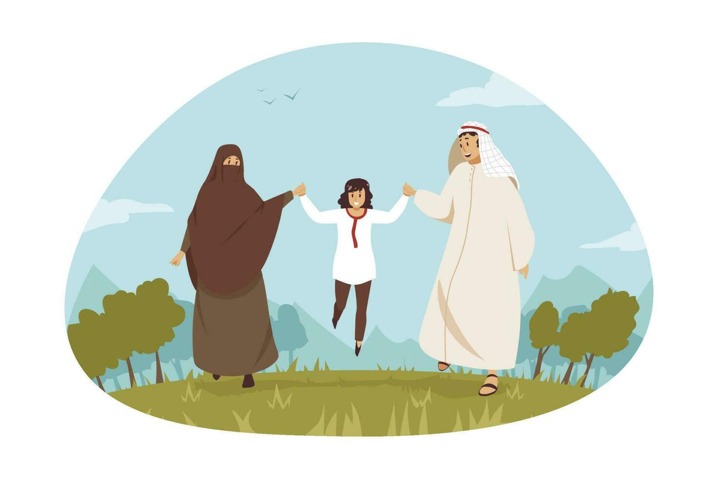 famille, aimer, paternité, maternité, des loisirs. Jeune homme musulman mari papa et arabe femme épouse maman dessin animé personnages en marchant dans parc avec enfant enfant fils ensemble. famille des loisirs illustration. vecteur