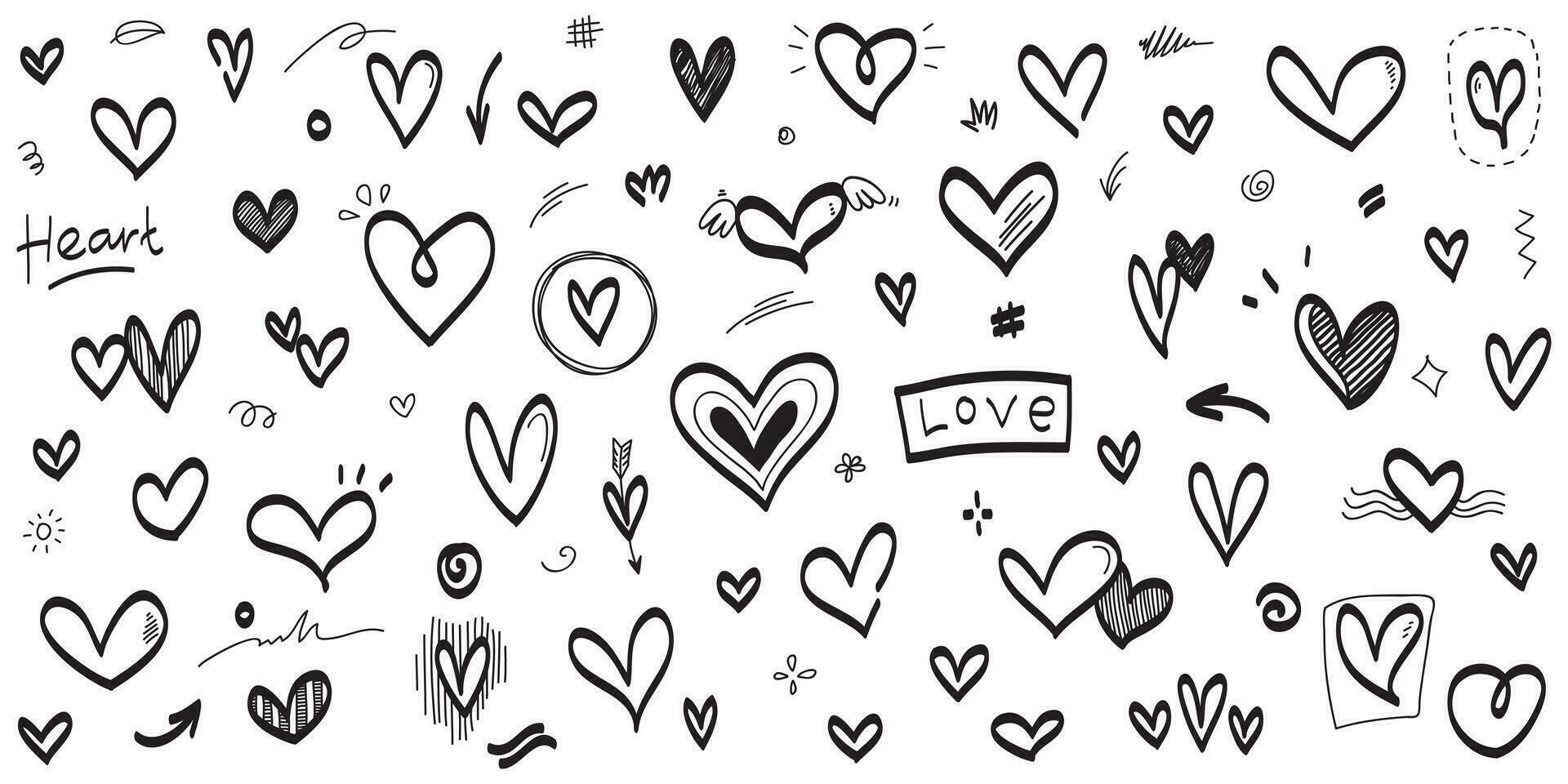 doodle hearts, une collection de coeurs d'amour colorés et dessinés à la main. illustration vectorielle. vecteur