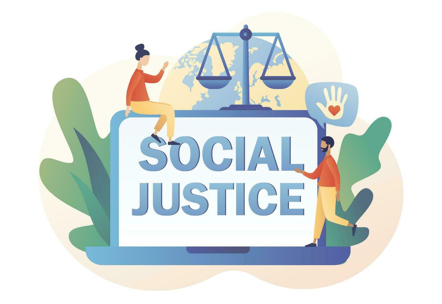 social Justice - texte sur portable filtrer. Humain droits concept. minuscule gens pour tolérance et respect. Balance comme symbole de égalité, liberté et l'amour. moderne plat dessin animé style. vecteur illustration