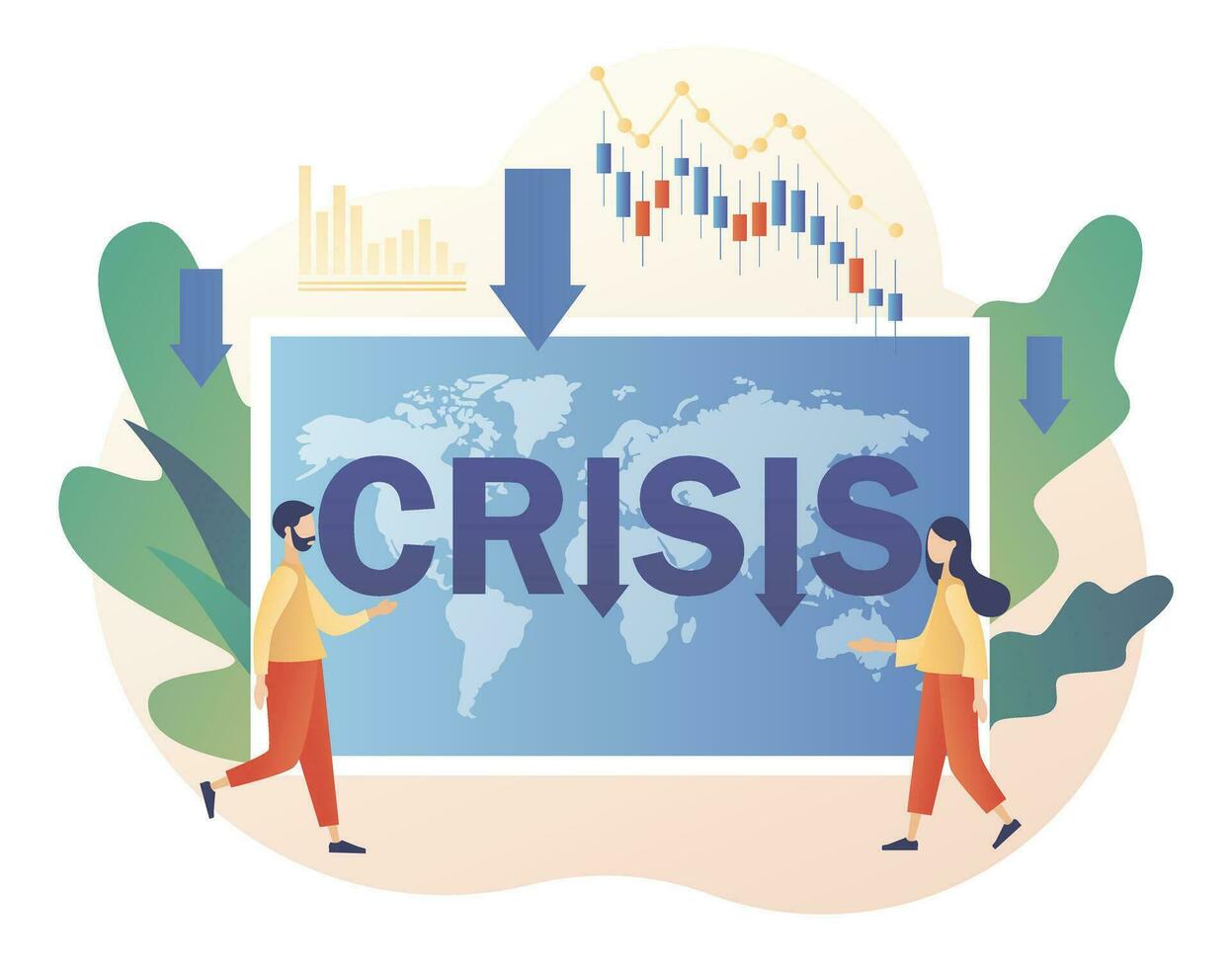 global financier crise concept. économique ralentissement. minuscule les hommes d'affaires visages coronavirus pandémie ou covid-19 impact sur global économie et Stock marchés. moderne plat dessin animé style. vecteur illustration