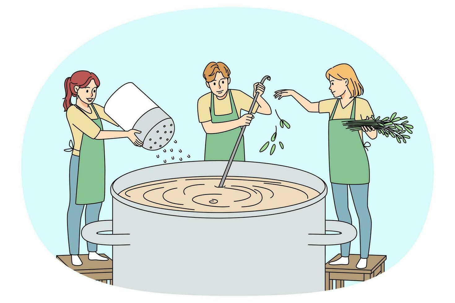 minuscule gens cuisine énorme la poêle de soupe ensemble. chefs en train de préparer nourriture, ajouter herbes et épices. cuisine et culinaire concept. vecteur illustration.