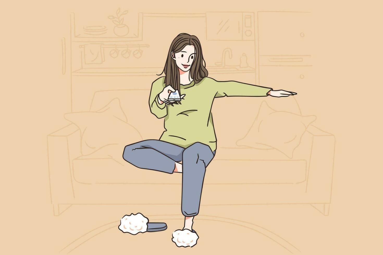 relaxation et loisir à Accueil concept. Jeune content femme dans pyjama dessin animé personnage séance et choisir canal sur la télé sur lit sentiment détendu vecteur illustration