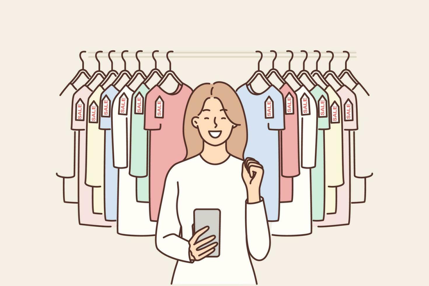 femme avec téléphone près cintre avec t-shirts se réjouit dans vente et opportunité à acheter vêtements à remises. fille les usages téléphone intelligent pour bonne affaire achats par en ligne application avec remises vecteur