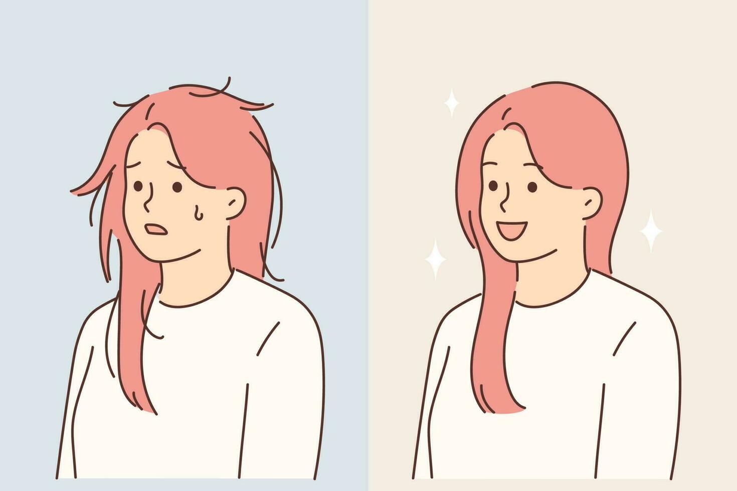 femme avant et après en utilisant qualité cosmétique cheveux shampooing ou Aller à coiffeur. hirsute fille devenu magnifique et bien soigné après cosmétique procédure terminé par coiffeur et styliste vecteur