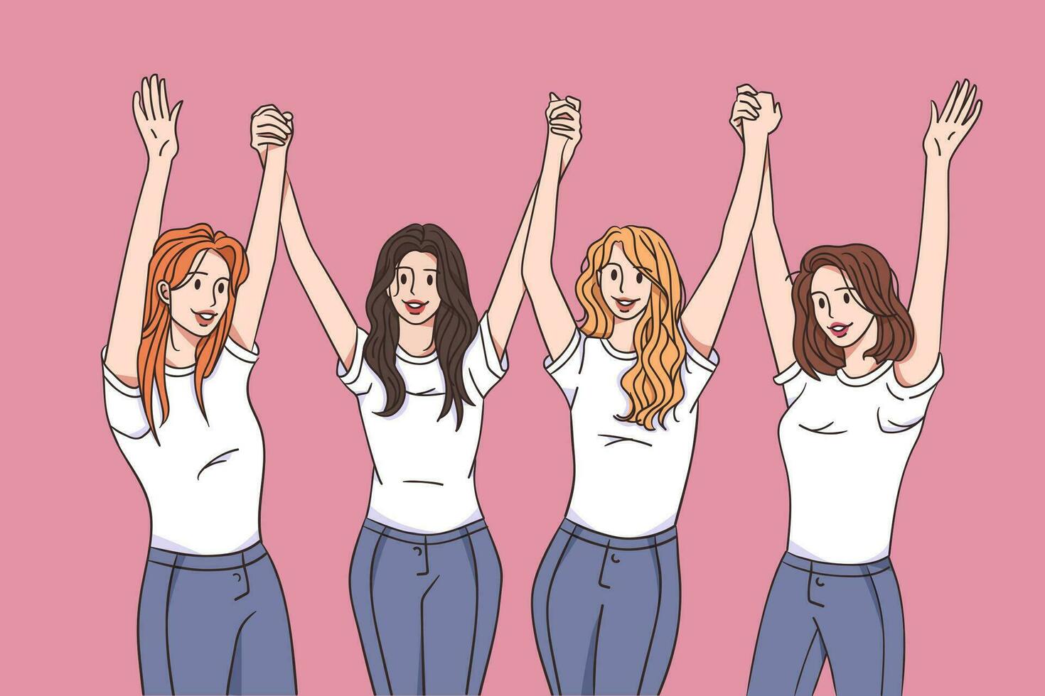 content les filles ayant amusement ensemble concept. quatre Jeune content jolie les filles dessin animé personnages dans blanc t-shirts et jeans permanent avec élevé mains célébrer gagner ensemble vecteur illustration