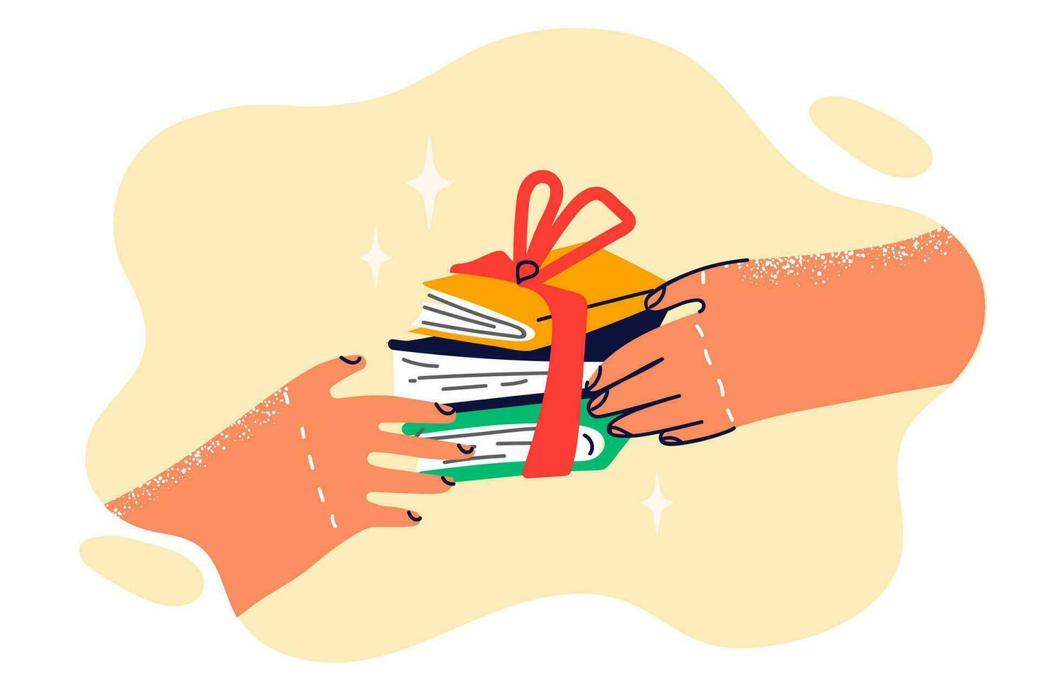 livres avec cadeau ruban dans mains de la personne symboliser prix à étudiant de école pour gagnant olympiade. cadeau de livres à afficher librairie ou bibliothèque avec collection de Littérature et encyclopédies. vecteur