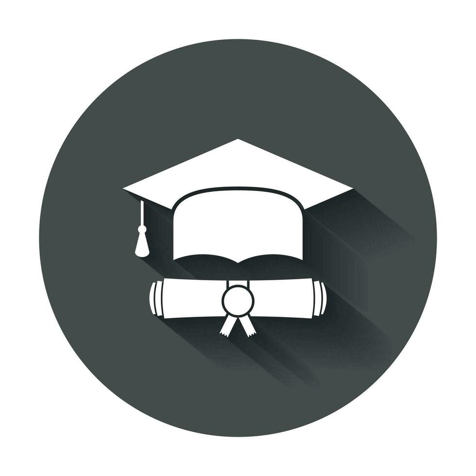 l'obtention du diplôme casquette et diplôme faire défiler icône vecteur illustration dans plat style. terminer éducation symbole. fête élément avec longue ombre.