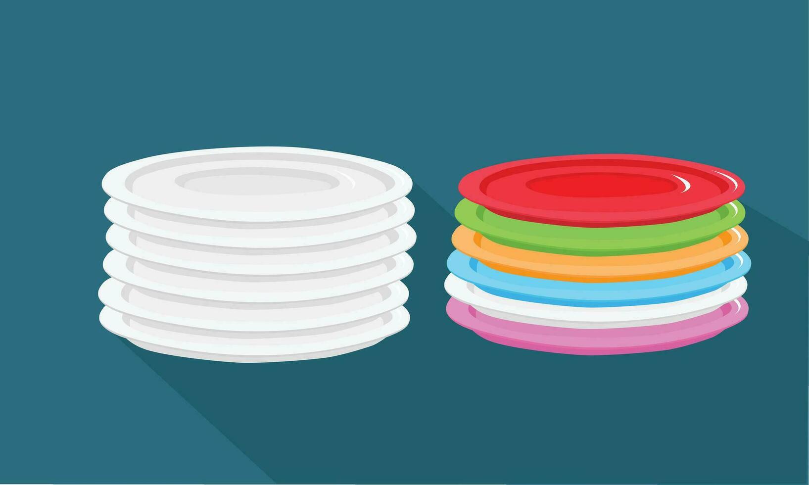 pourquoi et multicolore céramique assiette empiler vecteur isolé sur foncé Contexte. pile de blanc et multicolore assiette plat vecteur dans dessin animé style. nettoyer vaisselle clipart. vaisselle ensemble.