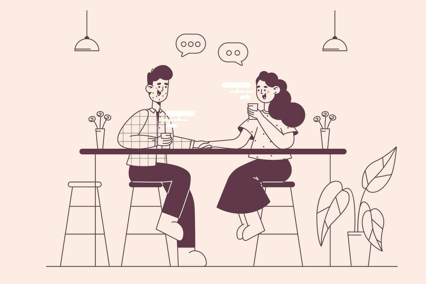 petit affaires et cafétéria concept. Jeune souriant couple homme et femme séance ensemble et en buvant café dans moderne café magasin cafétéria ayant Date vecteur illustration