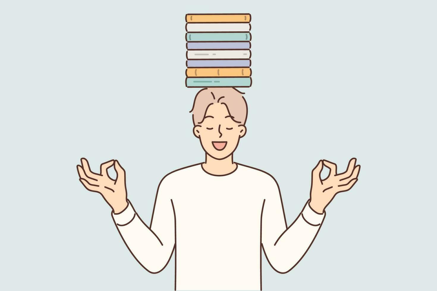 méditer homme avec livres sur tête des stands avec yeux fermé en essayant à maintenir équilibre entre étude et repos. Jeune gars étudiant ou haute école étudiant avec manuels pour indépendant éducation vecteur