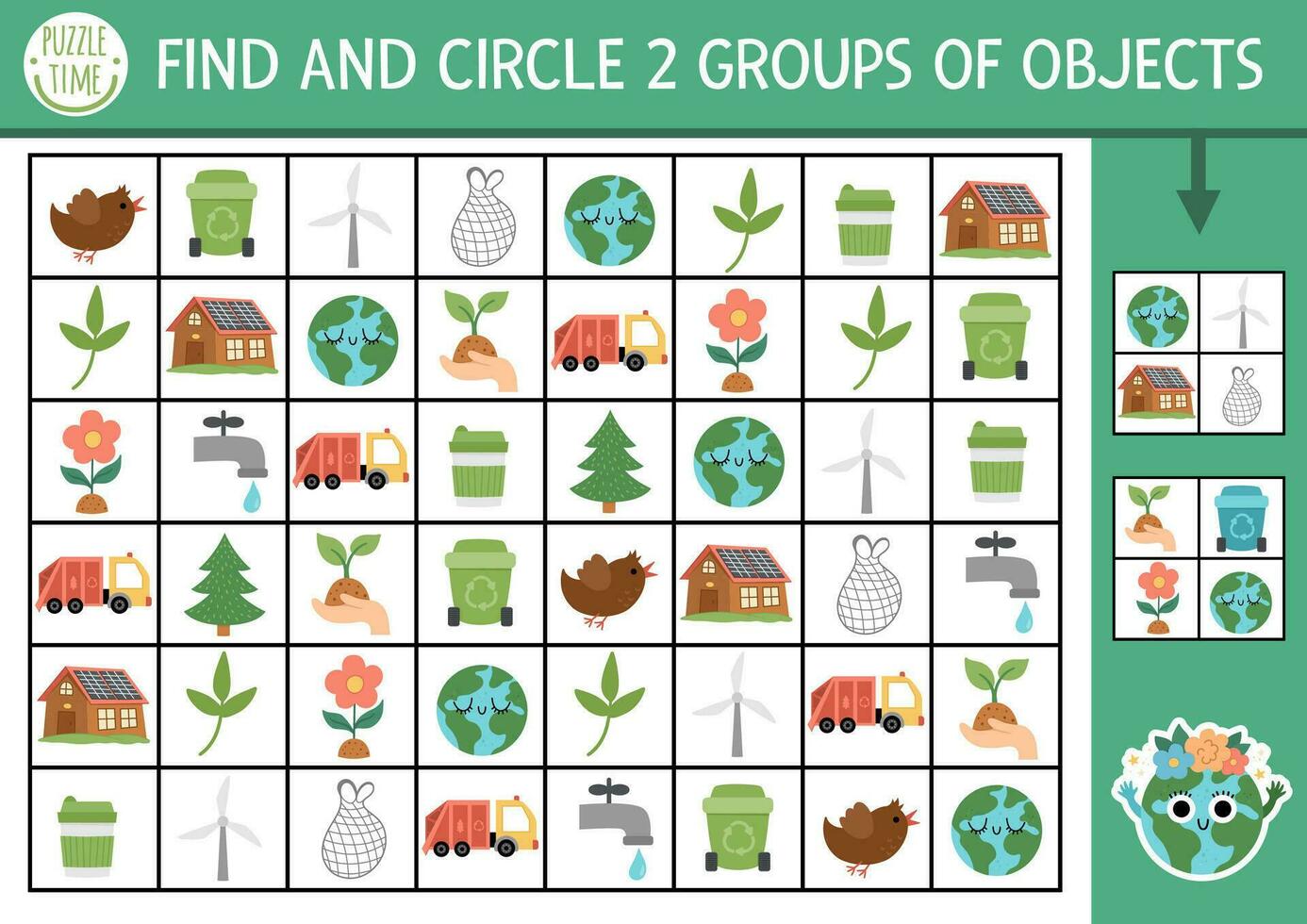 écologique chercher et trouver Jeu avec traditionnel symboles. attention compétences formation puzzle avec zéro déchets concept. Terre journée imprimable activité pour enfants. éco conscience recherche puzzle vecteur