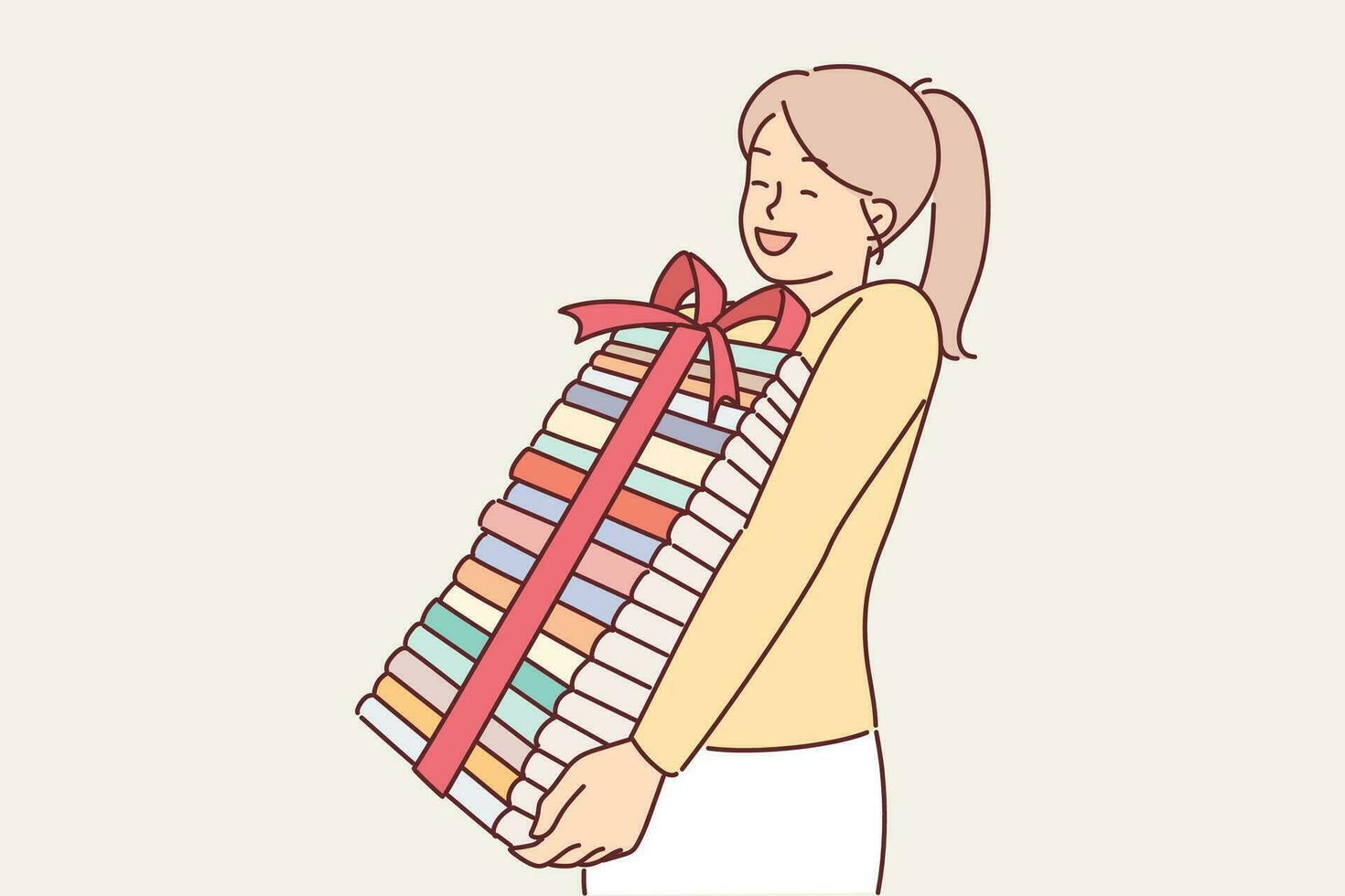 fille avec livres avec cadeau arc se réjouit à opportunité à Gain connaissance et lis Nouveau littérature. content écolière avec cadeau livres à préparer pour admission à ville Université ou Université vecteur