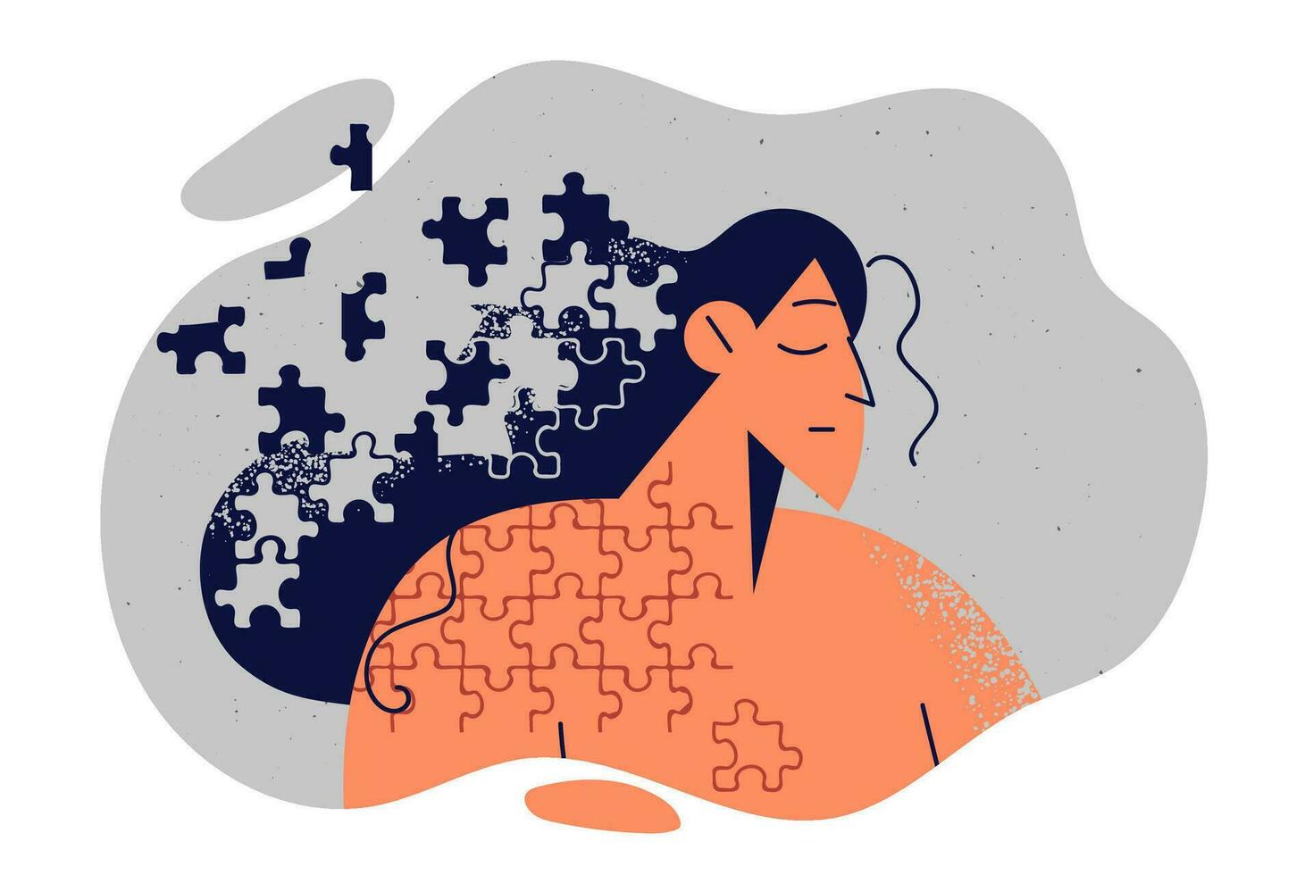 frustré femme avec corps et cheveux fabriqué de en volant puzzles symbolise la dépression et destructeur de personnalité stress. frustré fille Besoins Aidez-moi de psychologue à résoudre mental problèmes vecteur