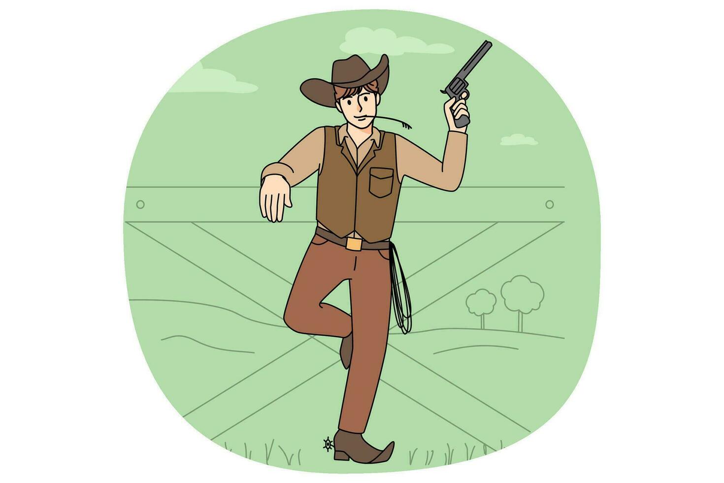 Masculin cow-boy dans costume posant avec revolver près clôture. homme bandit sur sauvage Ouest. occidental thème concept. vecteur illustration.
