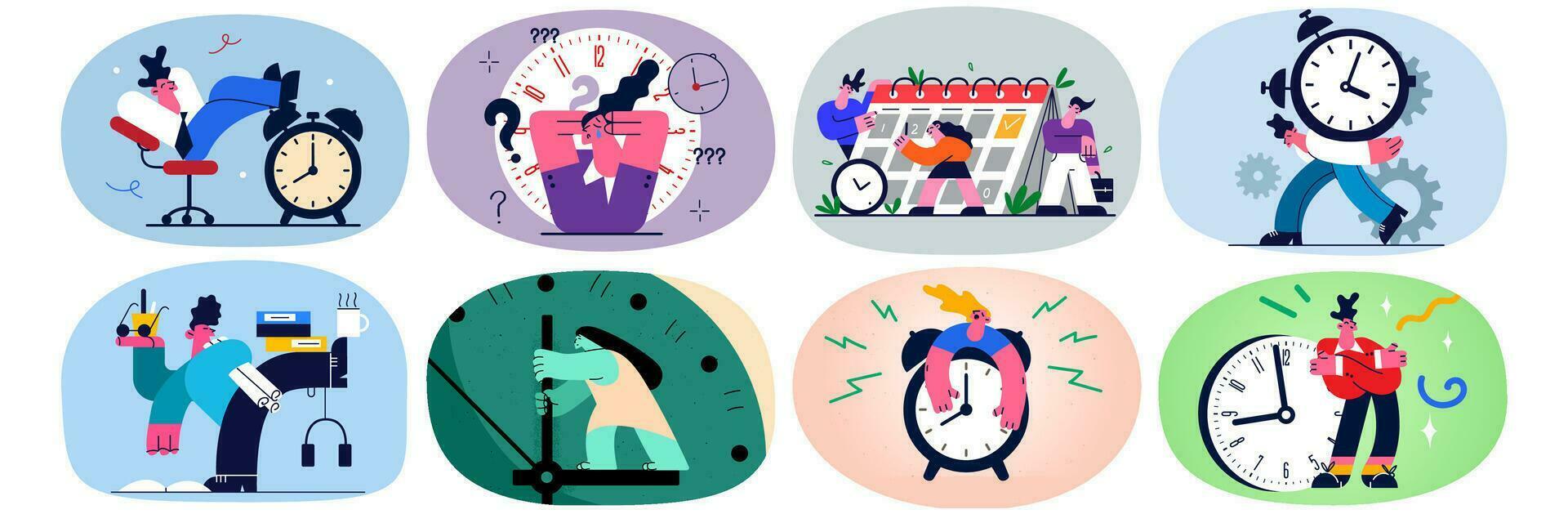 ensemble de diverse fatigué hommes d'affaires près l'horloge submergé avec charge de travail dans bureau. collection de des employés stressé avec travail, gérer à rencontrer date limite. temps gestion. plat vecteur illustration.