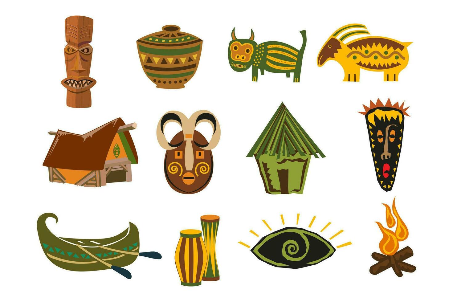 une ensemble de articles de africain tribus, totem, mystique masques, wigwam, canoë, feu, plats. rétro Icônes, illustration, vecteur