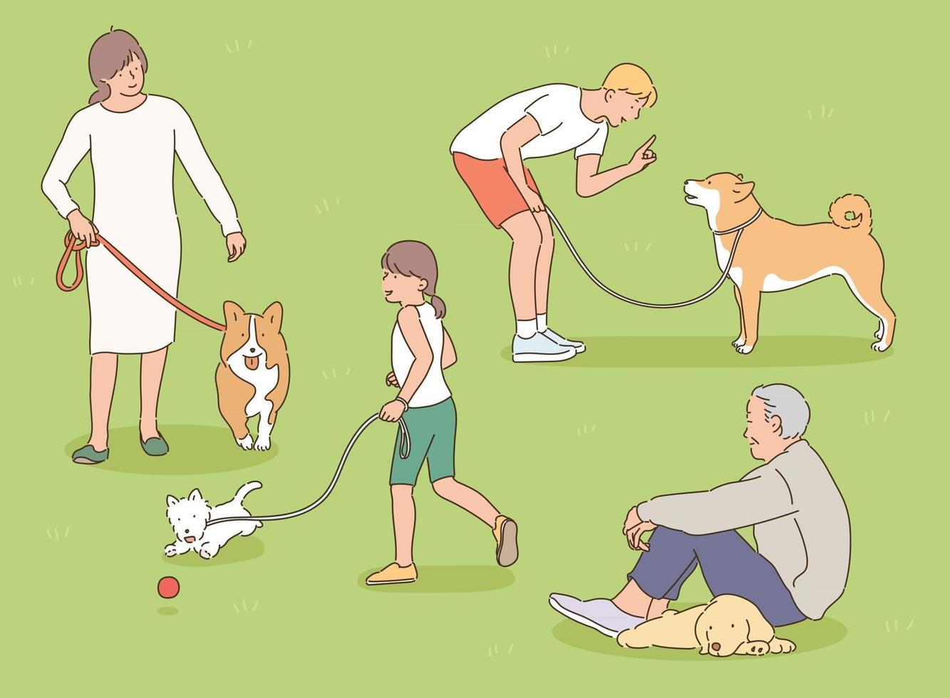 les gens se promènent dans le parc avec leurs chiens. illustrations de conception de vecteur de style dessinés à la main.